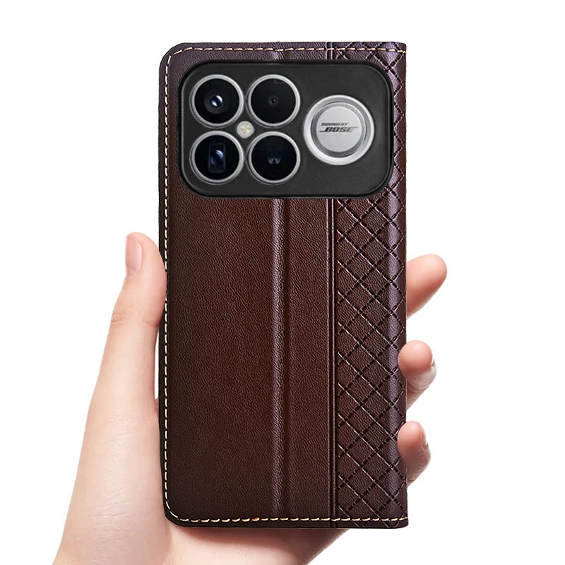 Etui z klapką do XIAOMI POCO F8 F7 Pro Ultra 5G, luksusowe, z prawdziwej skóry bydlęcej, magnetyczne, z wzorem kratki, z kieszenią na karty i funkcją portfela. — zdjęcie produktu 6