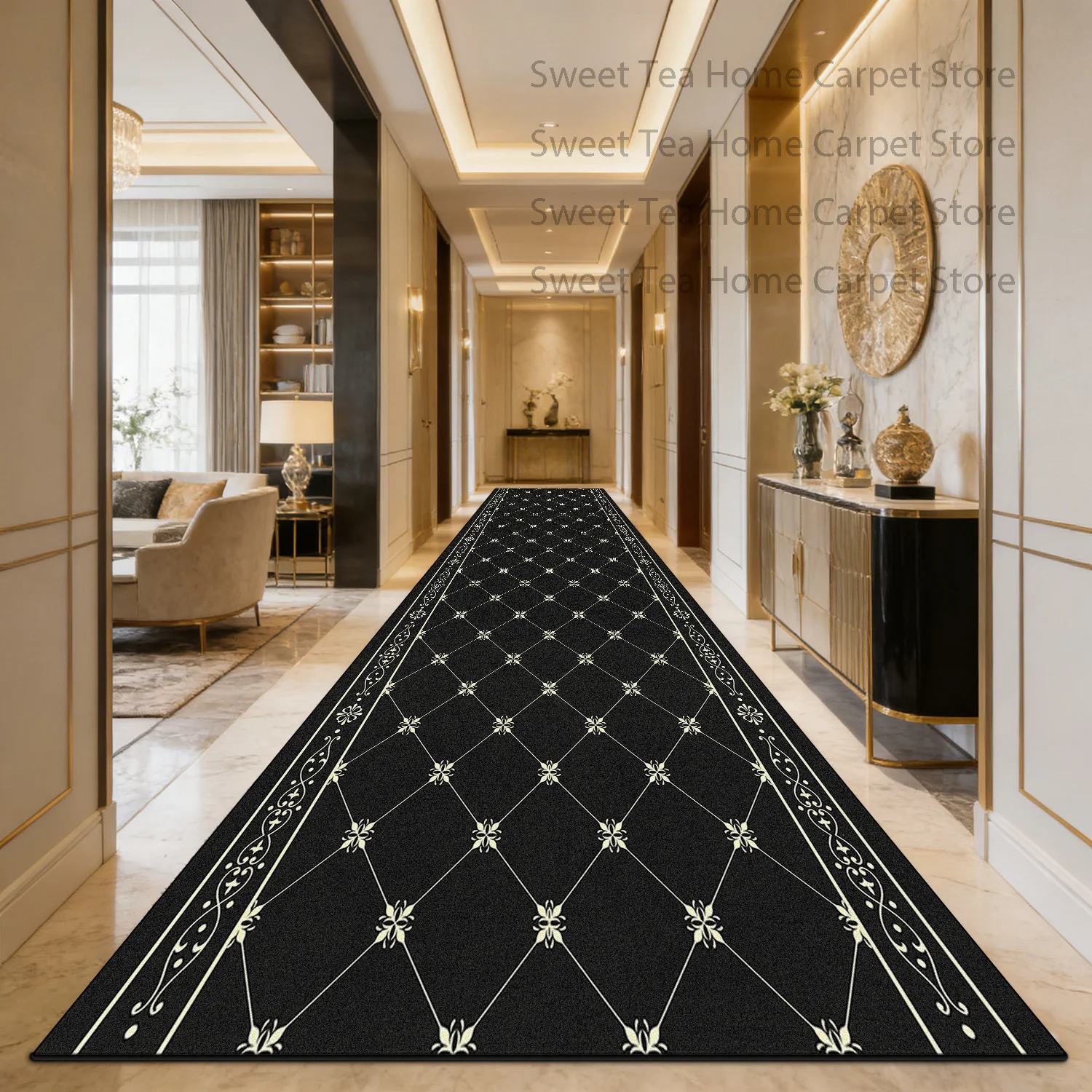 

Modern Luxury Black Gold Living Room Carpet Runner Decoration Home Anti Slip Washable Corridor Rug Large Area Villa Hall Mat