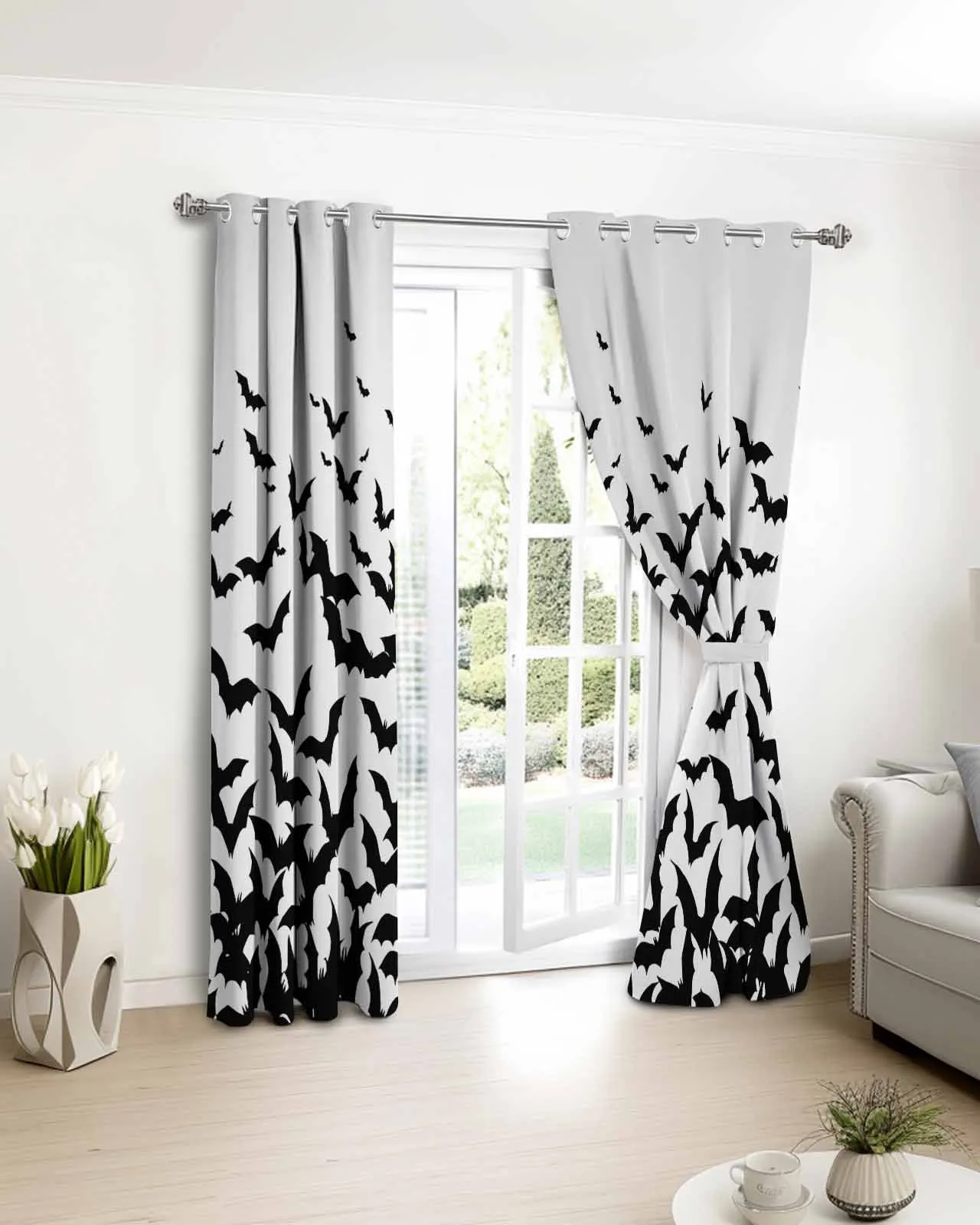 

2pcs, 1 panel Black Bat Scary Horror Night Polyester Window Curtains For Living Room Kitchen Bedroom Drapes