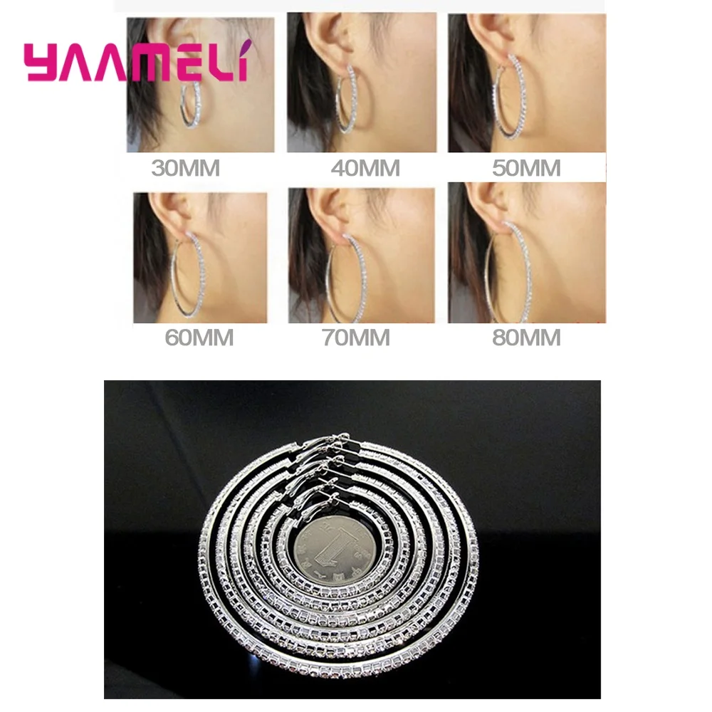 4pair Mix Fashion Women Hoop Earrings 925 Sterling Silver Austrian Crystal Cubic Zircon Circle Ear Brinco Pendientes 30-80mm