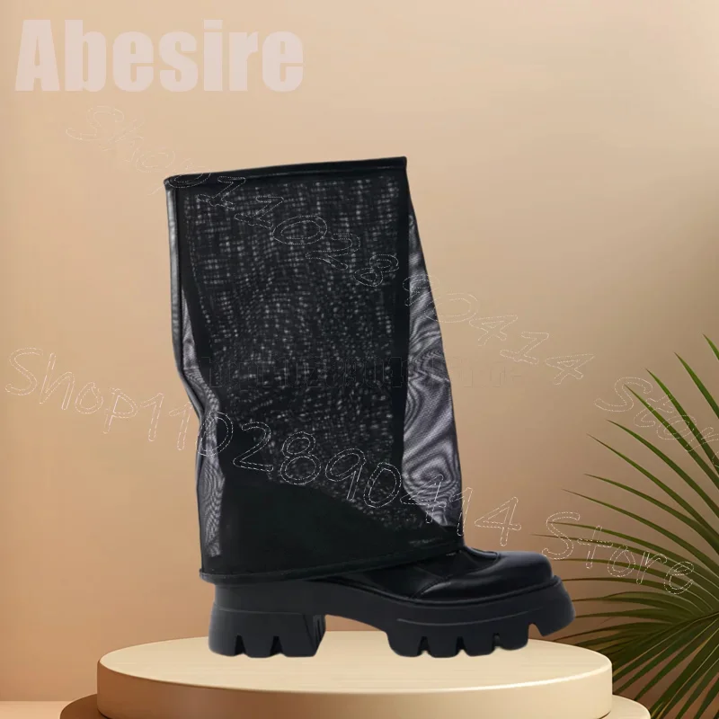 

Black Mesh Wave Pattern Bottom Round Toe Boots Slip On Women Shoes Chunky High Heels Party Feast Dating 2025 Zapatos Para Mujere