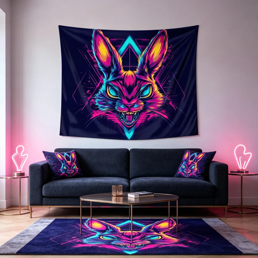 1PC Neon Rabbit Geometric Art Print Backdrop Banner, Bedroom Living Room Photo Background, Polyester, Home Decor, Wall Art