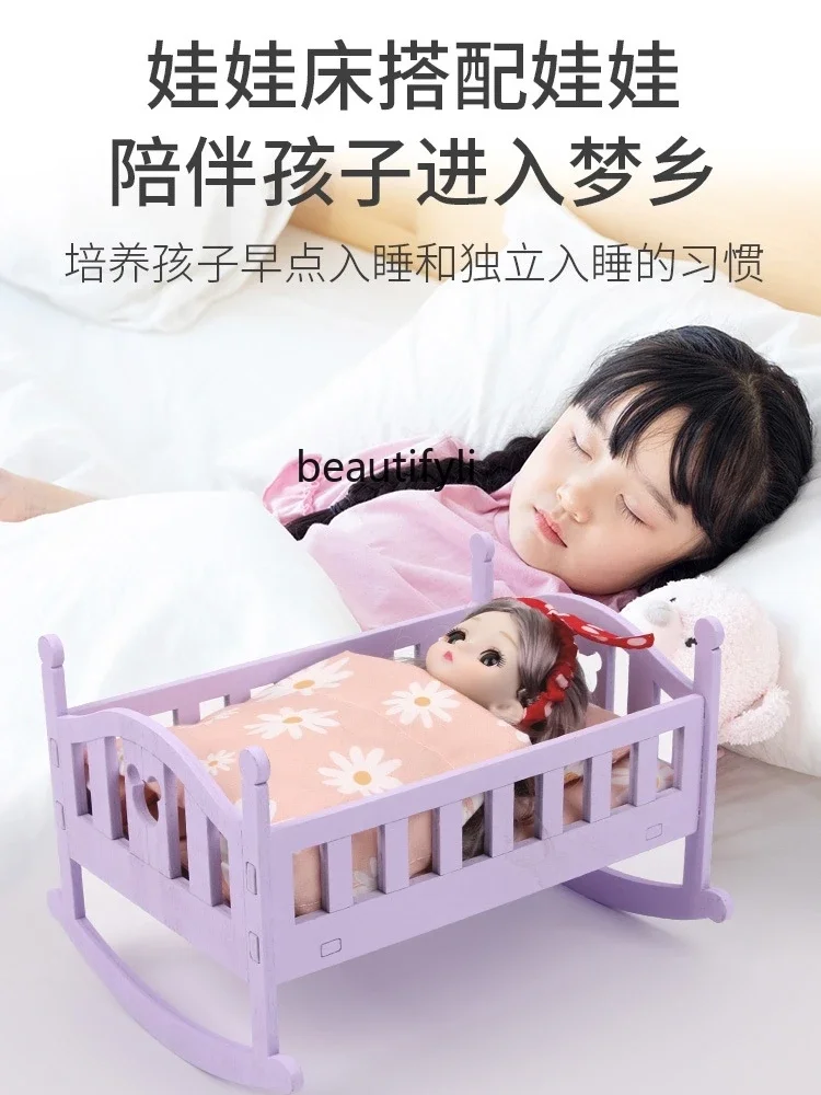 Wooden doll girl bed princess cot cosplay wooden baby crib children play house toys