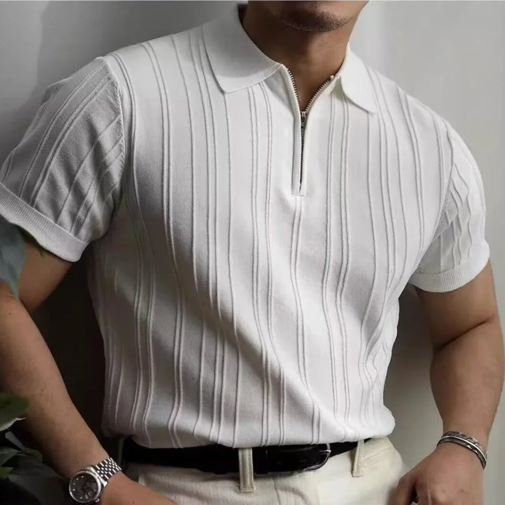 

2025 Summer New Men's Solid Color Knitted Jacquard Short Sleeve T-shirt Retro Trend Fashion Casual Simple Slim Men's Tops