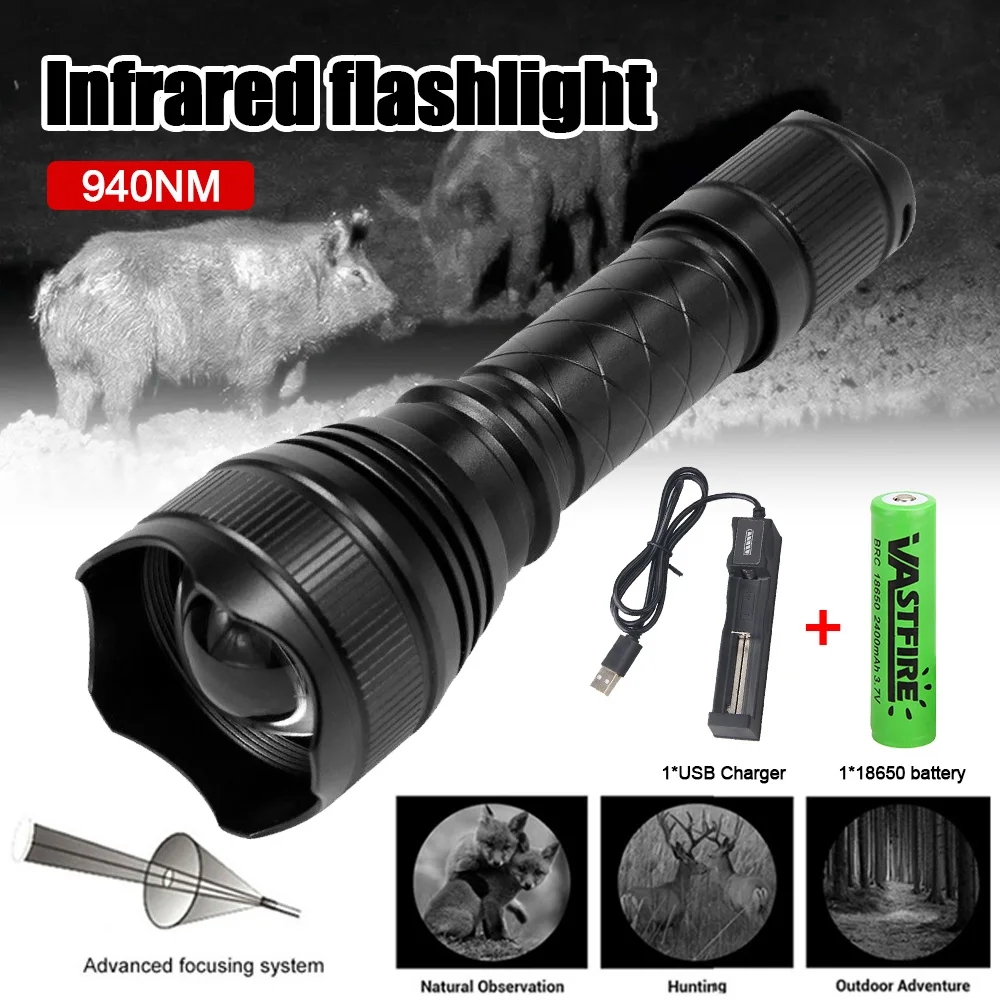 T21 IR Flashlight 200 yard Zoomable 850nm-940nm LED Infrared Radiation Lamp Night Vision Weapon Light with Rifle Scope Mount