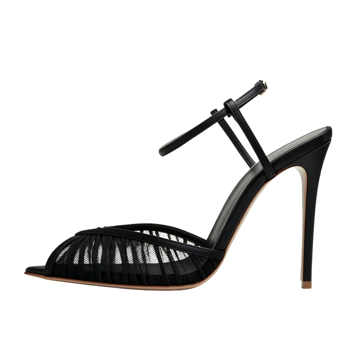 Arden Furtado Summer White Mesh Pleated Wedding Shoes Pointed Toe Super High Heel One Word Buckle Sandals Peep Toe Sandals