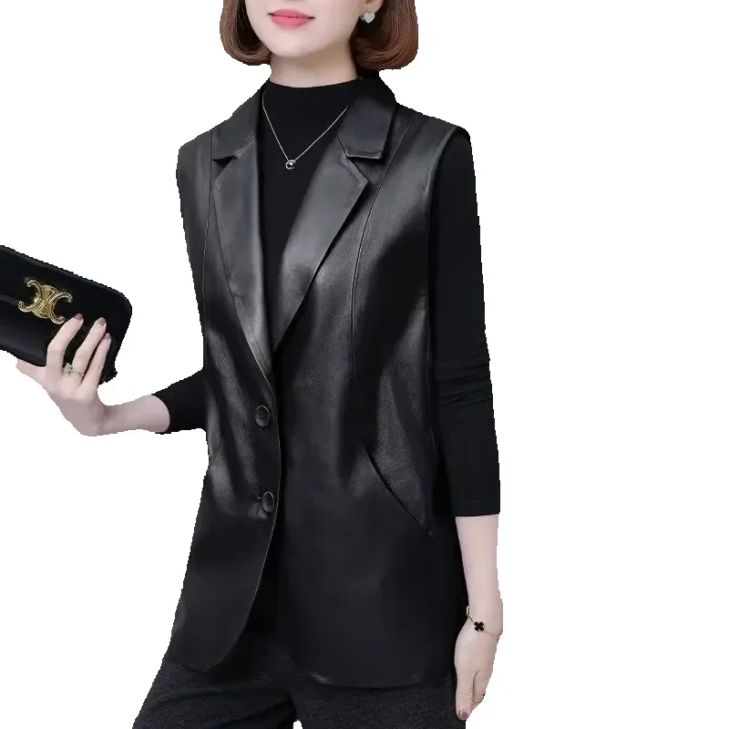 النساء سترات جلدية ضئيلة عادية بولي Leather سترة جلدية الإناث ملابس خارجية 2025New موضة أكمام صدرية سترة سوداء معطف المرأة