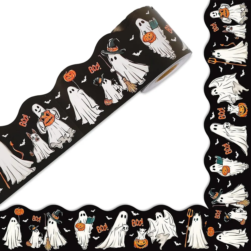 Halloween Chalkboard Decorative Sticker Cartoon Ghost Bat Pumpkin Multicolor Border Trim Decal 5/10/18M Wall Ornament