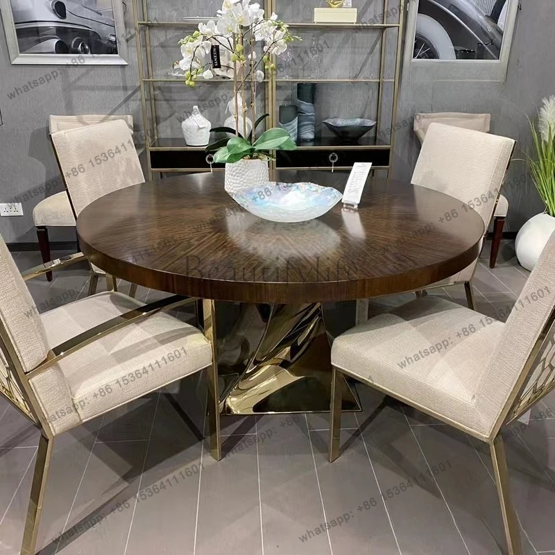 

Light luxury furniture American solid wood dining table stainless steel feet 1.5 meters round eating table modern retro table