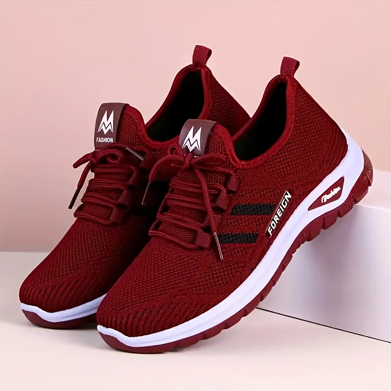 Women's Breathable Knit Walking Shoes, Soft Cushion Non Slip Lace Up Sneakers, Lightweight Comfort Casual Daily Sports Shoes, Multi Color Mesh Flat Trainers for Elderly All Season Daily Wear