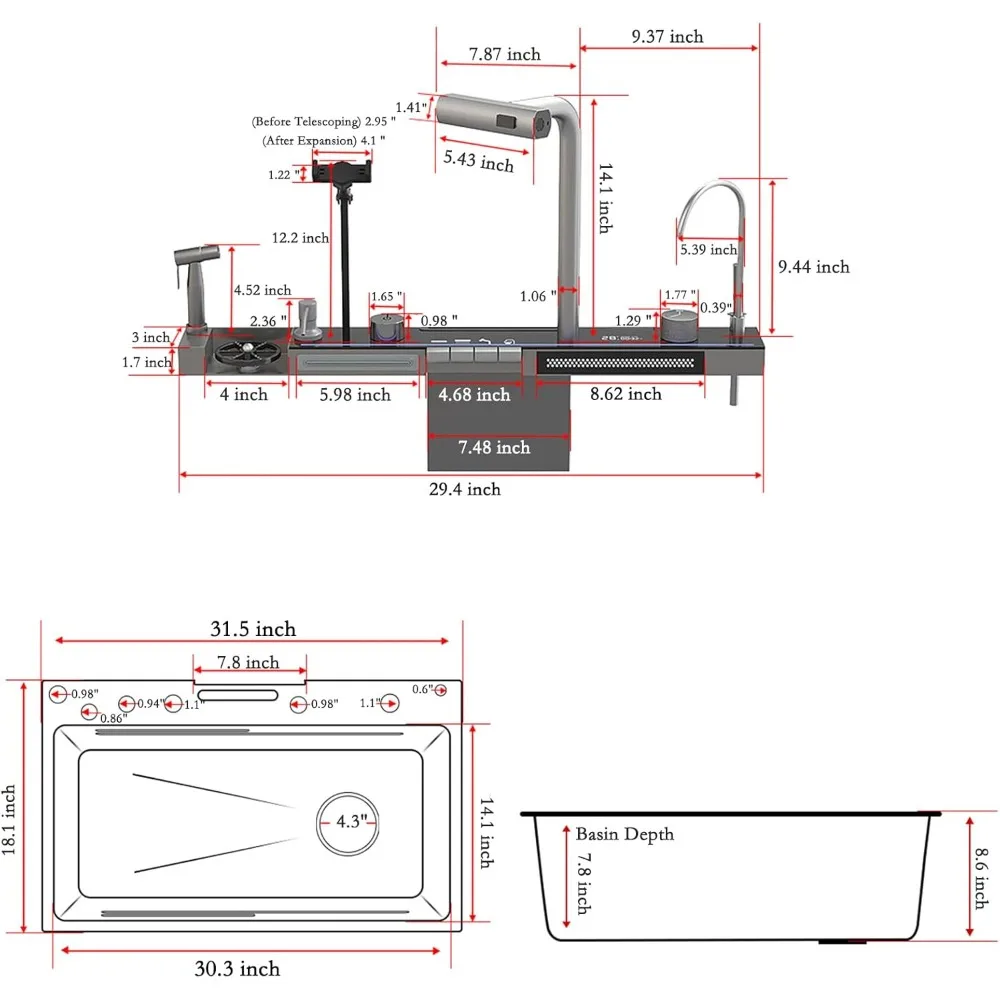 Stainless Steel Smart Kitchen Sink with Digital Display and Dual Waterfall Faucet, Including Pull-Out Spray