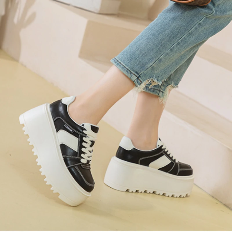 Fujin 8cm Genuine Leather Ladies Fashion Women Autumn Shoes Casual Spring Skate Boarding Chunky Sneakers Platform Wedge Shoes