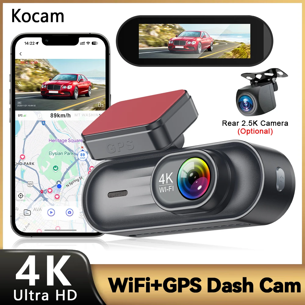 Kocam 4K+2.5K Dual Dash Car Camera Built-in WiFi GPS 3.19'' IPS Screen Parking Mode Night vision WDR 170°Wide-angle G-Sensor