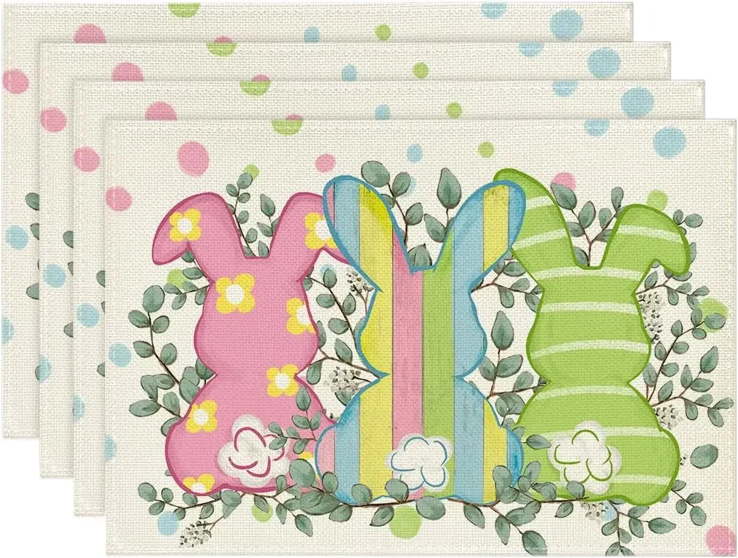 Happy Easter Placemats Set of 4 Bunny Tulip Pink Floral Heat Resistant Washable Farmhouse Place Mats for Dining Table Kitchen