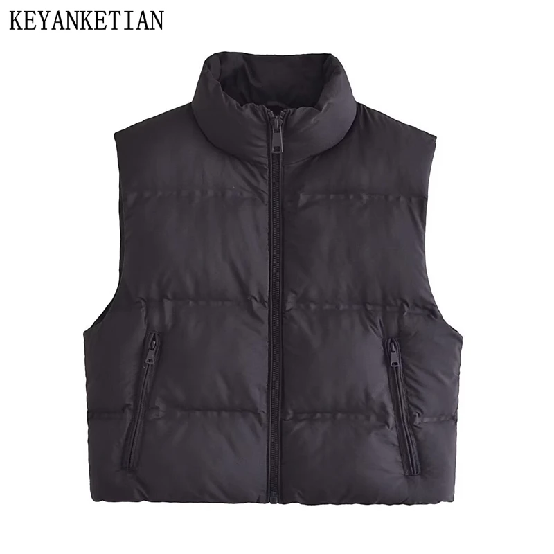

KEYANKETIAN осенне-зимняя новая женская хлопковая куртка с воротником-стойкой на молнии без рукавов, клеенная хлопковая куртка, жилет, женский жилет, пальто