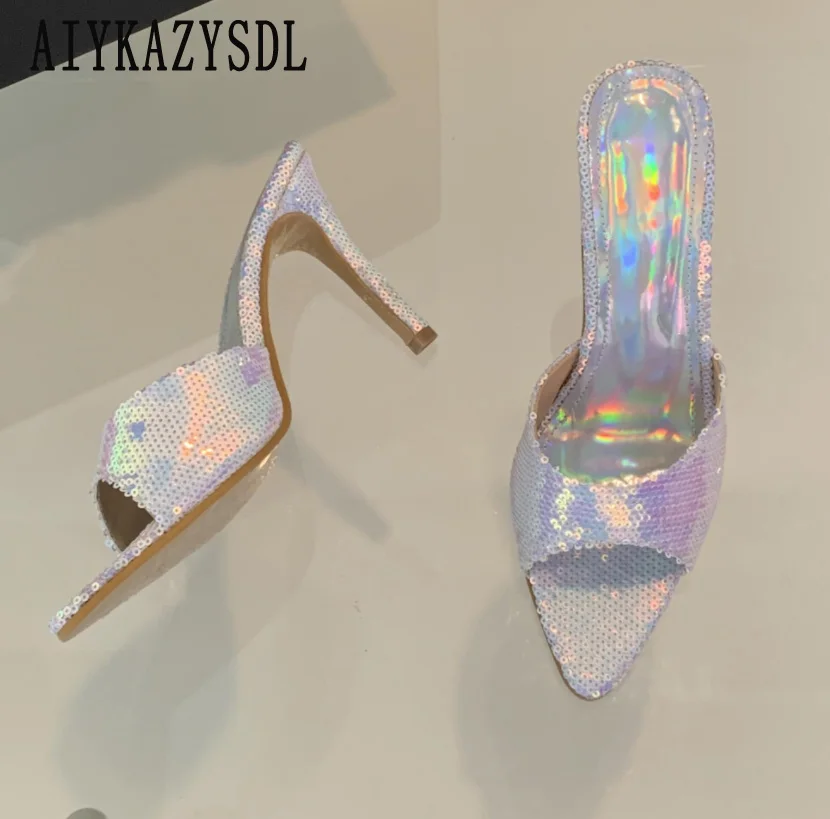 AIYKAZYSDL 2024 Sequined Bling Bling Sandals Slides Pointed Open Toe Slippers Mules High Heel Sandals Green Silver Clubwear