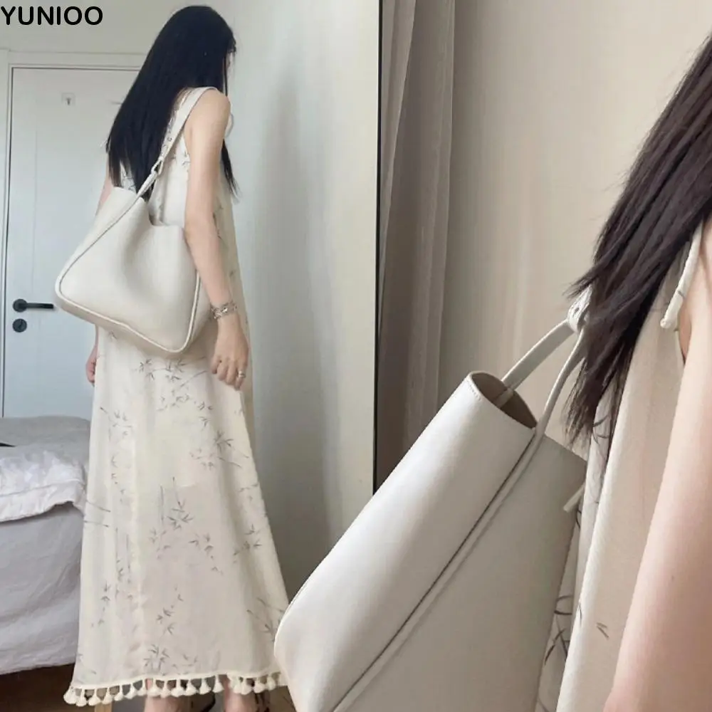 

Loose Floral Skinny Strap Dress A-line Tassel Sleeveless Long Dress Chinese Style Beachwear Beach Vacation Sundress Streetwear