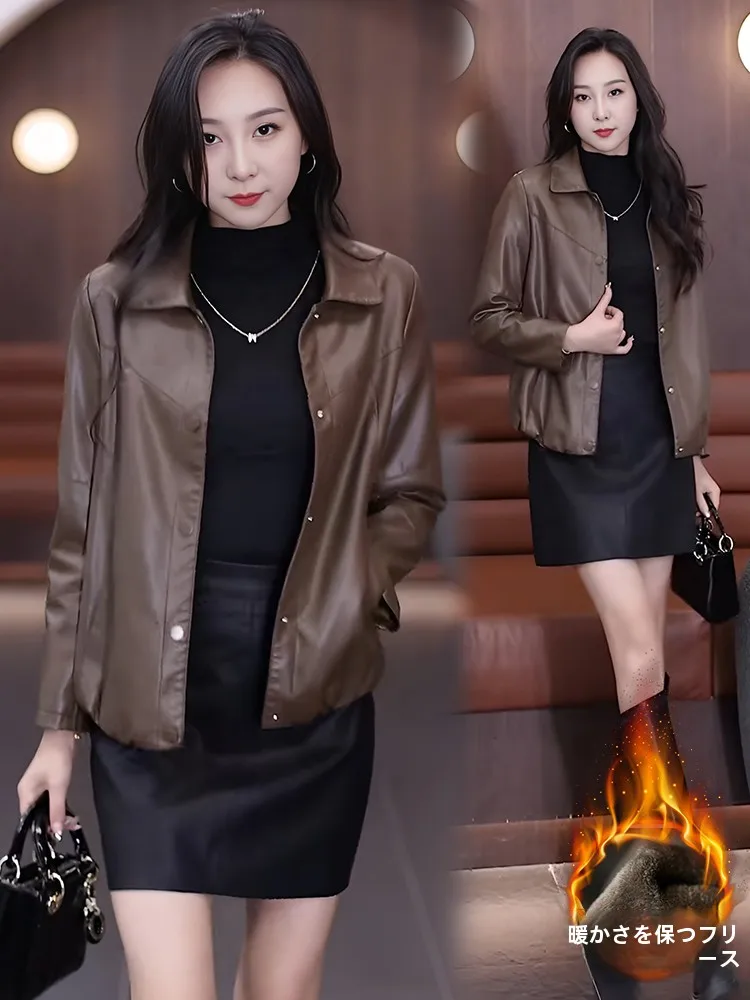 Thickened Fleece Women's Leather Jacket Casual Motorcycle Style Short PU Leather Coat Spring Autumn Winter Large Size Mom Coat