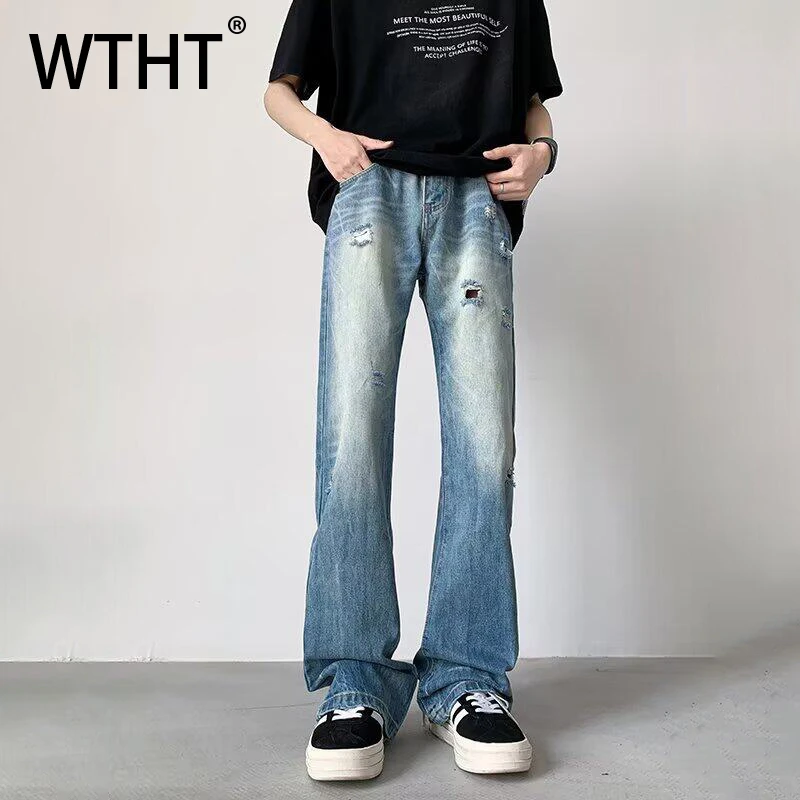 

WTHT Fashion Men's Hole Gradient American Style Denim Pants Vintage 2025 Summer High Street Loose Straight Jeans Male 2A0772