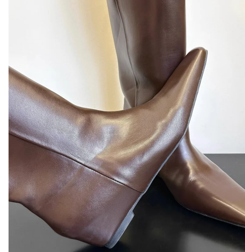 AIYKAZYSDL بولي Leather الجلود حذاء برقبة للركبة Hidde إسفين كعب الأحذية الحديثة الغربية فارس دراجة نارية ركوب الحذاء حذاء مسطح غير رسمي #3