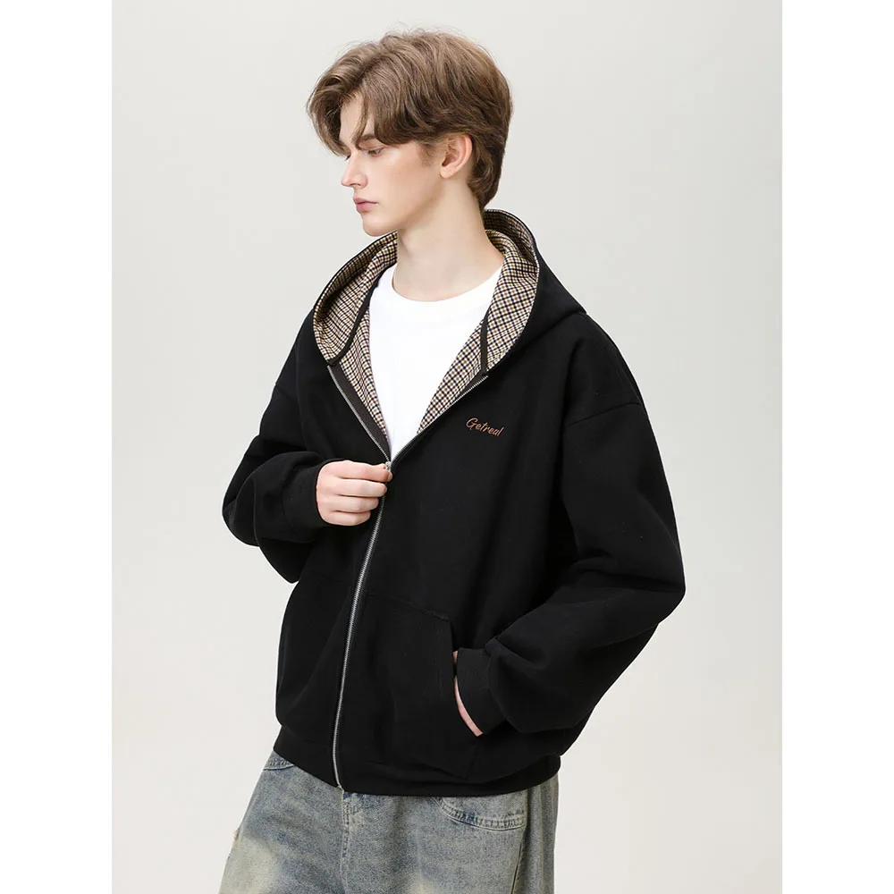 

TFETTERS 2025 Autumn Men's Houndstooth Lining Jacket Full Zip Streetwear Cardigan Hoodie Soft Casual Men's Coat Outerwear