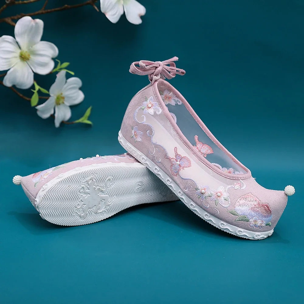 Summer Women Ankle Strap Chinese Style Embroidered Gauze Mesh Platform Flats Ladies Comfortable Hanfu Shoes White Pink