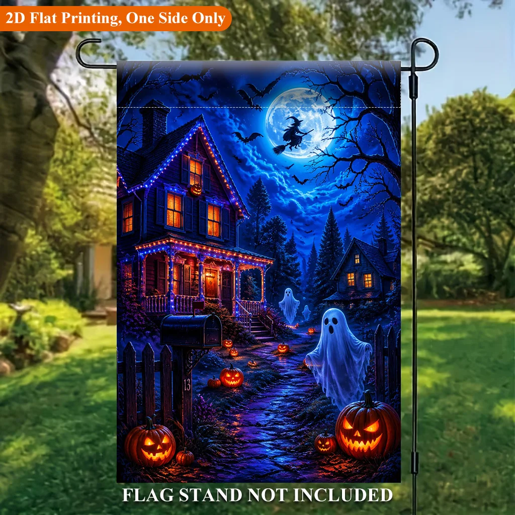 Flat Garden Flag 1 Piece, Halloween Night Pumpkin Lantern Haunted House Holiday Yard Outdoor Flag, Suitable for Outdoor Home and Yard Holiday Decorations, Valentine's Day, Mother's Day, Christmas, Thanksgiving, Halloween, Excluding Flagpoles (Flags Only)