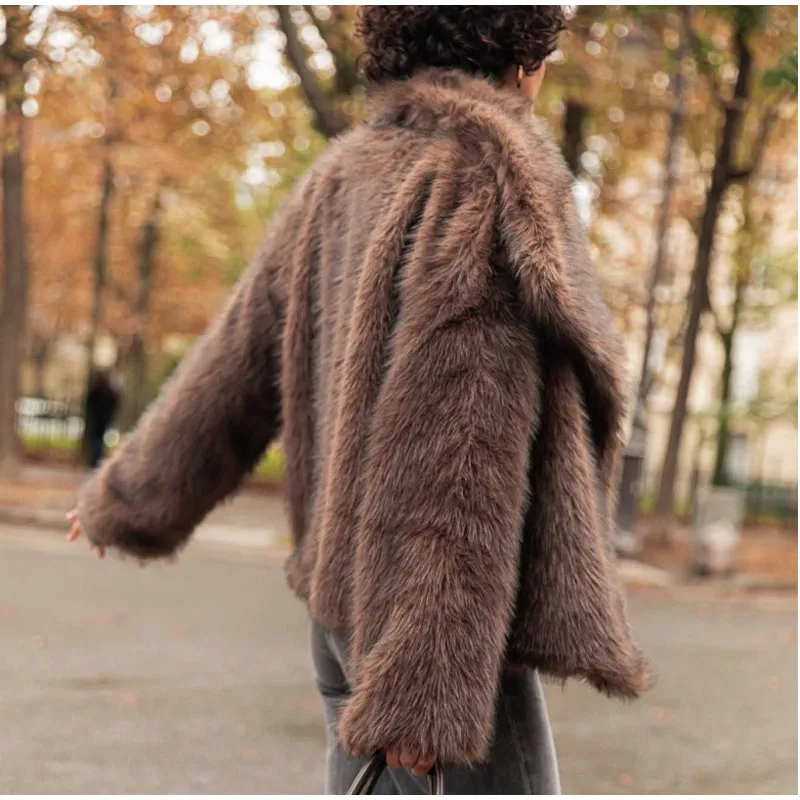 Dunkelbrauner Kunst pelz langer Mantel einreihige Damen Fleece jacke Trenchcoat 2023 Winter flauschiger Plüsch warmer Mantel neu – Detail 33