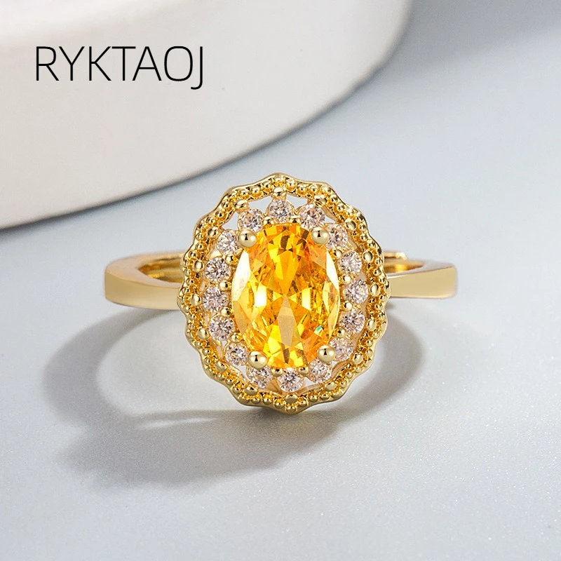 925 Sterling Silver Gold‑Plated Oval Yellow Citrine CZ Ring for Women Vintage Halo Cubic Zirconia Luxury Fine Jewelry Gift