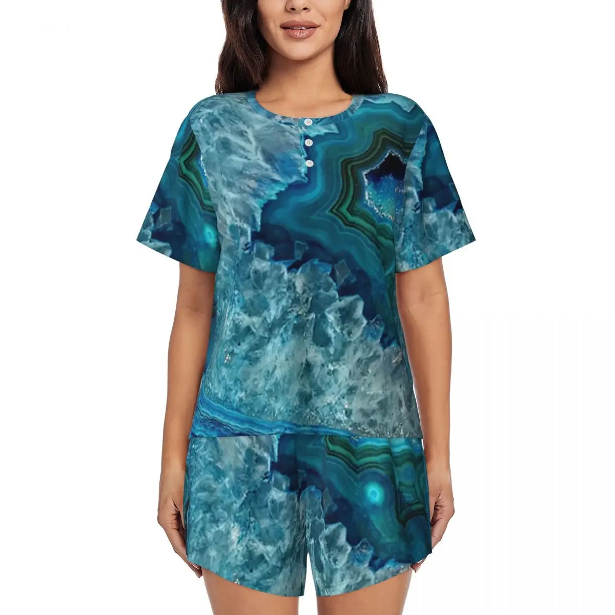 

Ночной комплект для женщин: пижама с коротким рукавом и шортами, цвета бирюзовый, аквамарин, тюркоаз, с узором под камень/агат, с круглым вырезом горловины