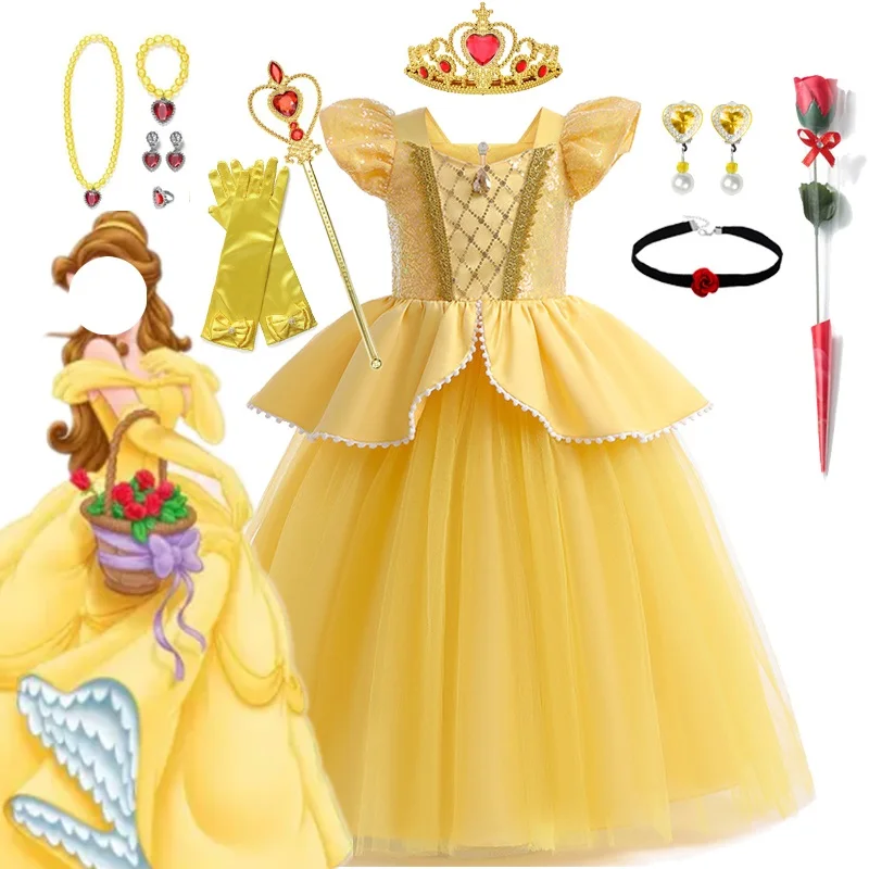 Girls Belle Princess Dress Halloween Cosplay Costume Birthday Party Kids Dresses for Girls Magic Stick Crown Children Clothing