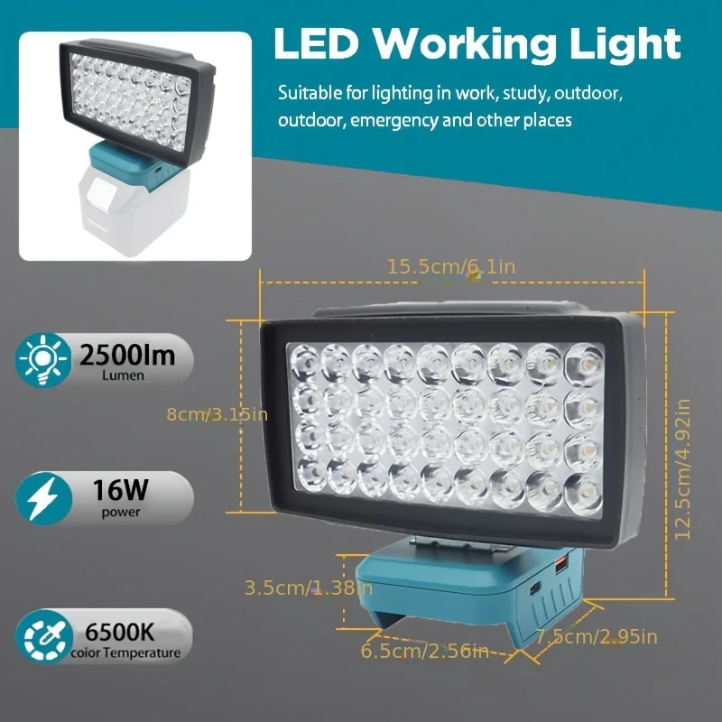 Portable LED Work Light for Makita 18V Battery-Site Lighting 20W 3500LM with USB & Type C Charging and Low Voltage Protection