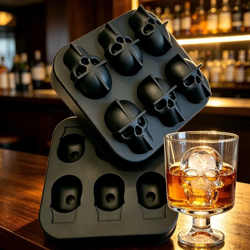 Food Grade Silicone Skull Shaped Ice Cube Tray - 4/6 Cavity Halloween Maker Mold for Whiskey, Ice Cream and Chocolate Baking