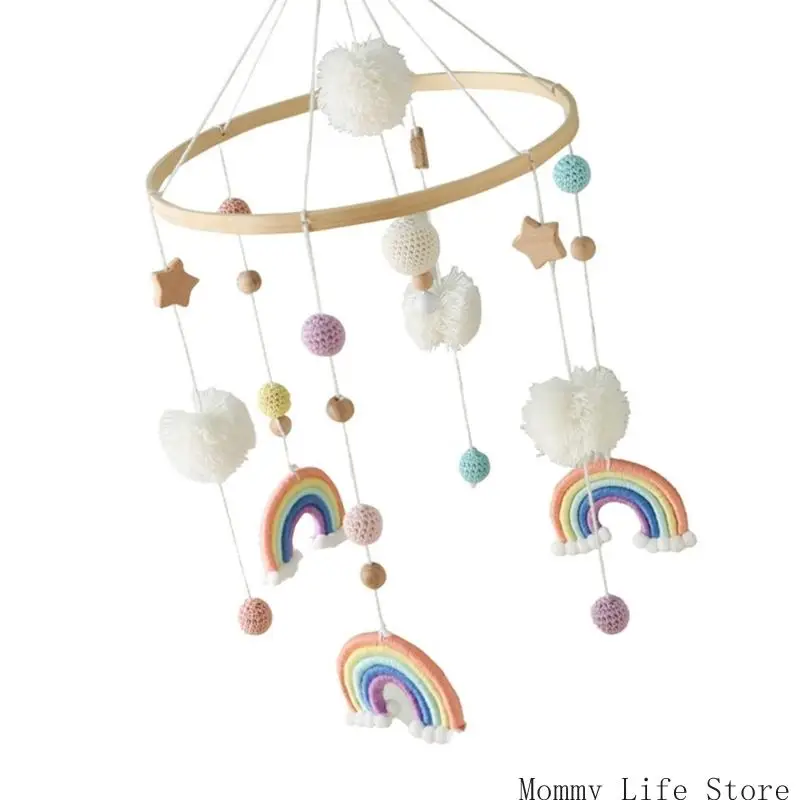 قوس قزح ستار الحضانة الديكور القطن معلقة قلادة سرير المحمول الخشب الطبيعي الرضع لعبة التنمية الحسية السمعية