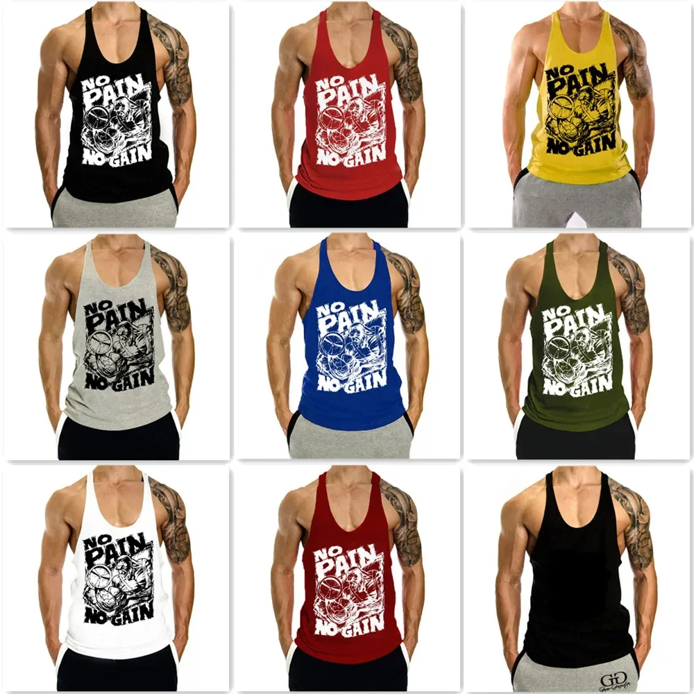 NO PAIN NO GAIN Men's Fitness Vest Running Training Sleeveless T-Shirt Gym Sports Tank Top Loose Breathable Racerback Vest