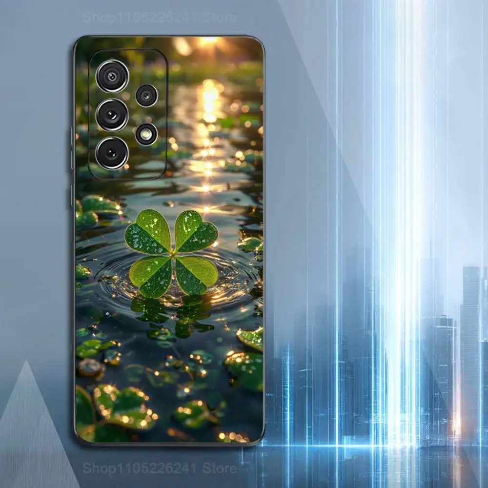 Green Lucky Four Leaf Clover Case For Samsung S23,S25,S20,S10,S9,S21,S24,S22,Ultra,FE,Plus,Lite,Soft Silicone Black