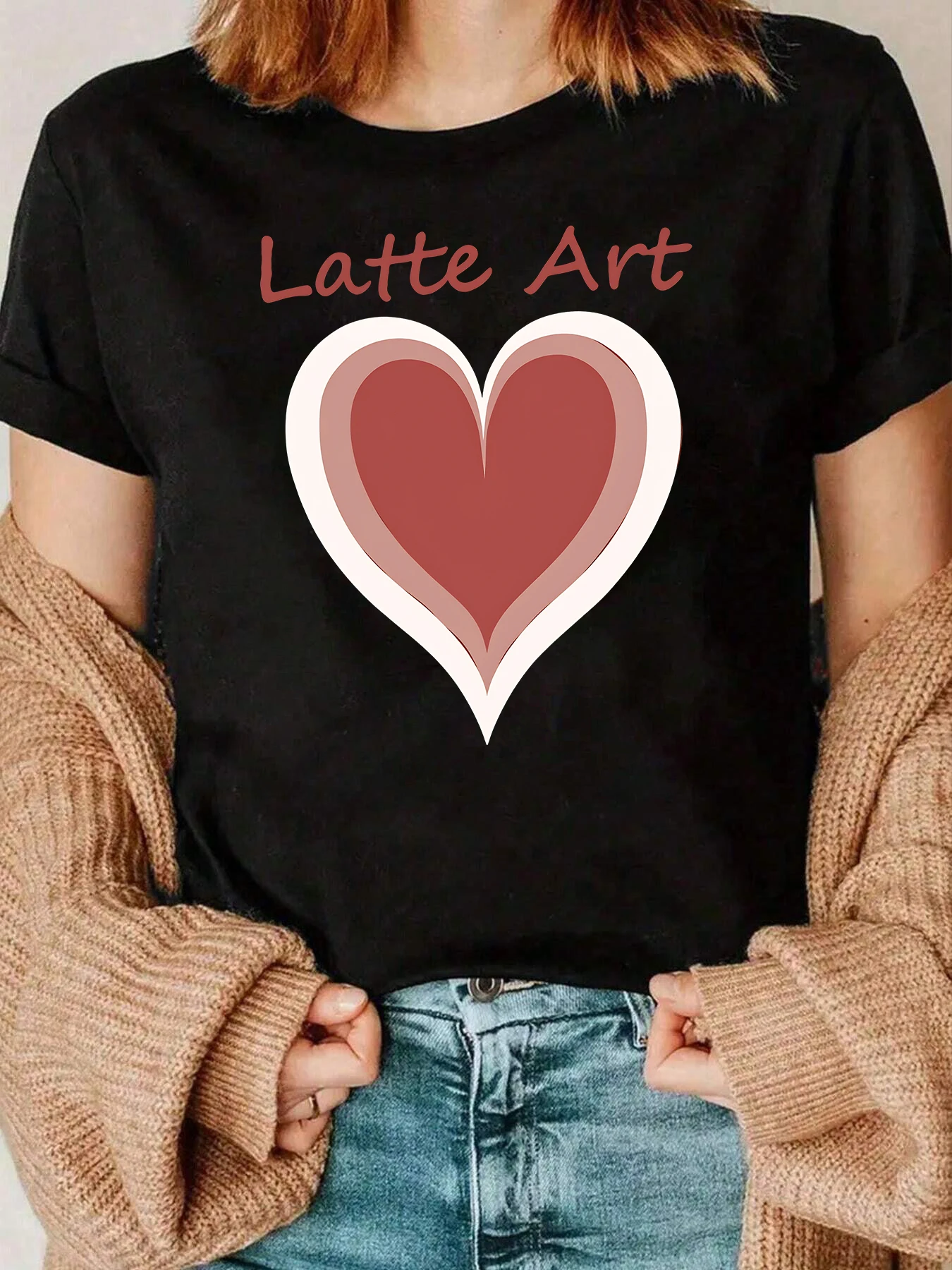 라떼 아트 하트 프린트 티셔츠 발렌타인 데이 캐주얼 탑 커피 애호가 여성 220g