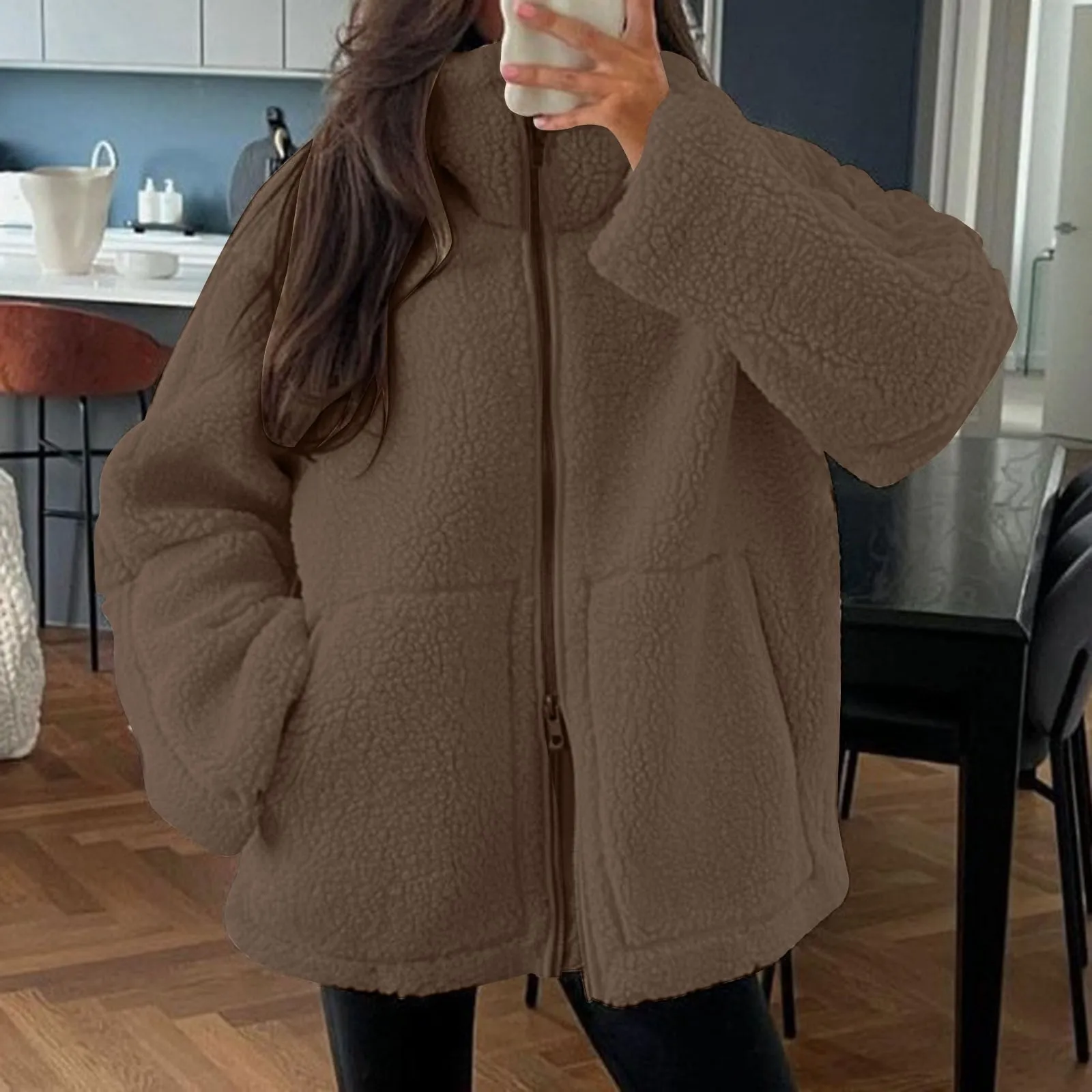 2024 Trendy Women's Solid Color Lazy Style Lamb Wool High Neck Woolen Coats Full Zipper Fleece Large Pockets Loose Fit Overcoats