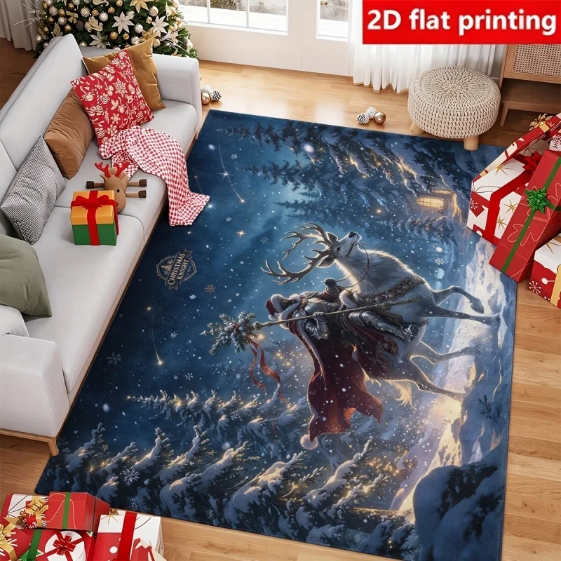Dark Night Reindeer Knight Christmas Area Rug Snowy Pine Forest Starry Sky Glowing Light Print Floor Holiday Home Decor Carpet