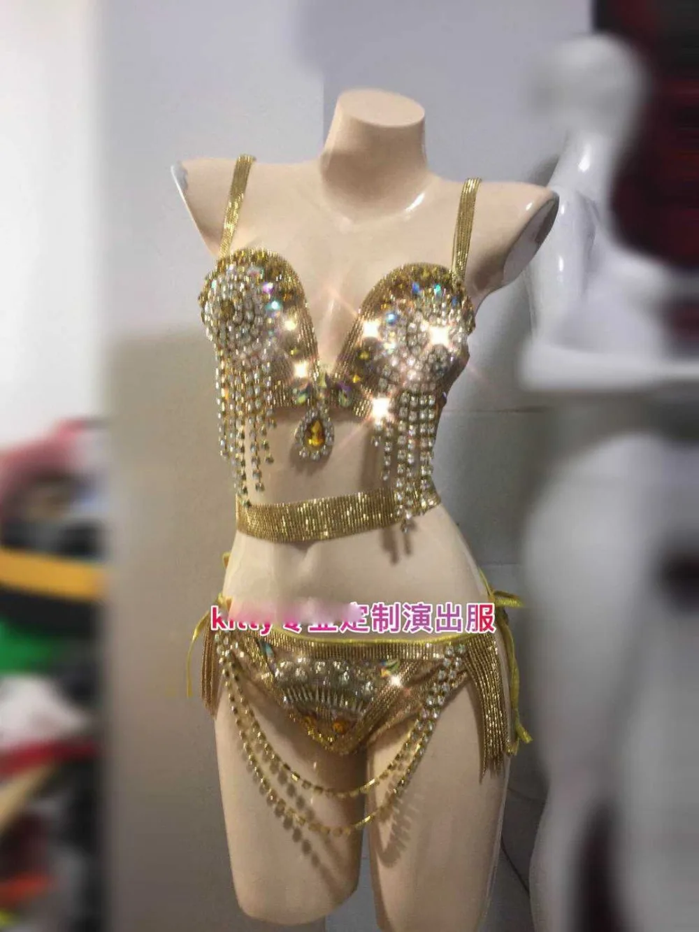 Sparkly Gold belly dance costume Sexy stage show bikini wear bellydance clothes Bar ladies bellydancing costumes