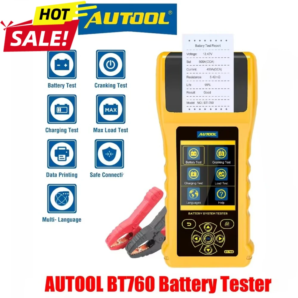 AUTOOL BT760 Car Battery Tester with Printer 6V 12V 24V Cranking Charging Tester Max Load Test Analyzer Data Printing 20-2000CCA