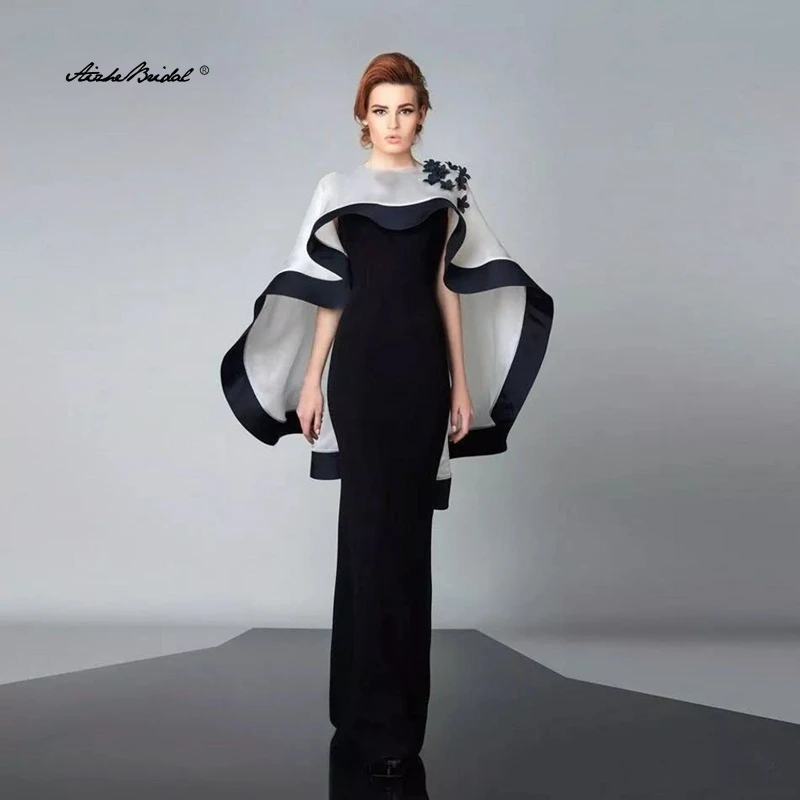 

Black and White Mermaid Evening Dress Sleeveless Evening Party Long Formal Dress with Cape Robe De Soiree