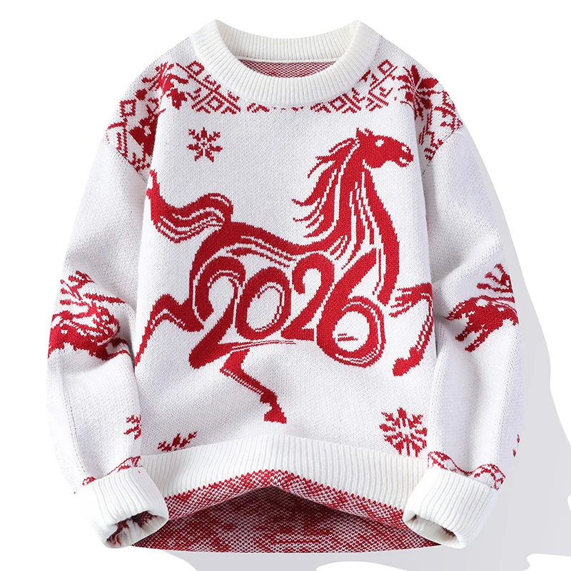 Horse Year 2026 Chinese Style Knitted Men Sweater Long Sleeved Winter Quality Soft Comfortable Pullovers Sueters De Hombre M-4XL