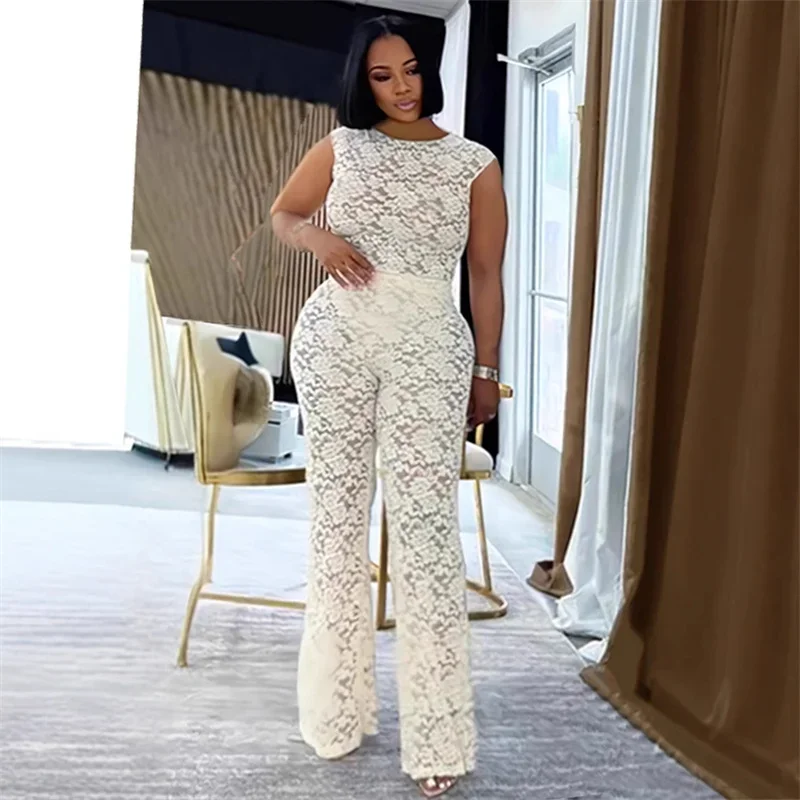 Floral Lace See Through Clubbing Outfits Sexy Woman 2 Piece Set Sleeveless Top and Flare Pants Night Party Rave Matching Sets