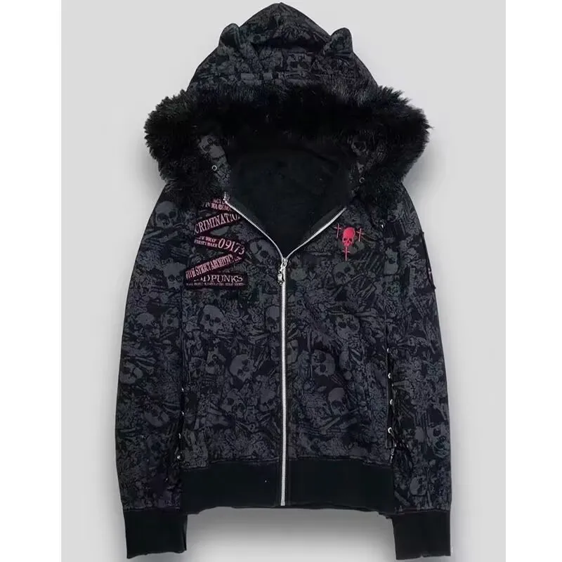 

Millennium Subculture Astringent Ancient Cat Ear Skull Hooded Personalized Outerwear Punk Autumn Zipper Jacket for Adolescent