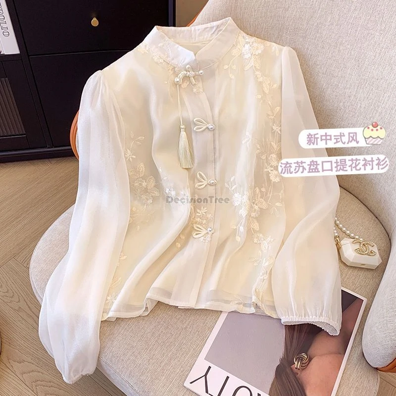 

2025 chinese national Vintage embroidered cheongsam button chiffon shirt for women's loose retro style long sleeve tang suit top