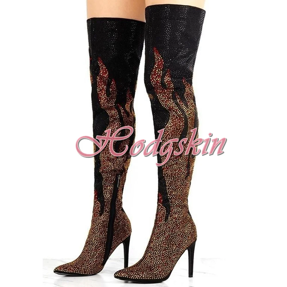 

Stud Flame Printed Crystal Boots Pointy Toe Stiletto High Heels Side Zipper Over The Knee Autumn Party Dress Women Shoes Bling