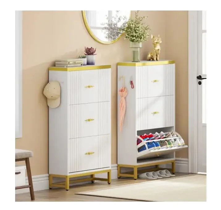 

Traditional Entryway Cabinet with 3 Flip-Drawers Rectangle Shoe Rack Shoe Storage Cupboard Organizer Hallway Racks Organizer