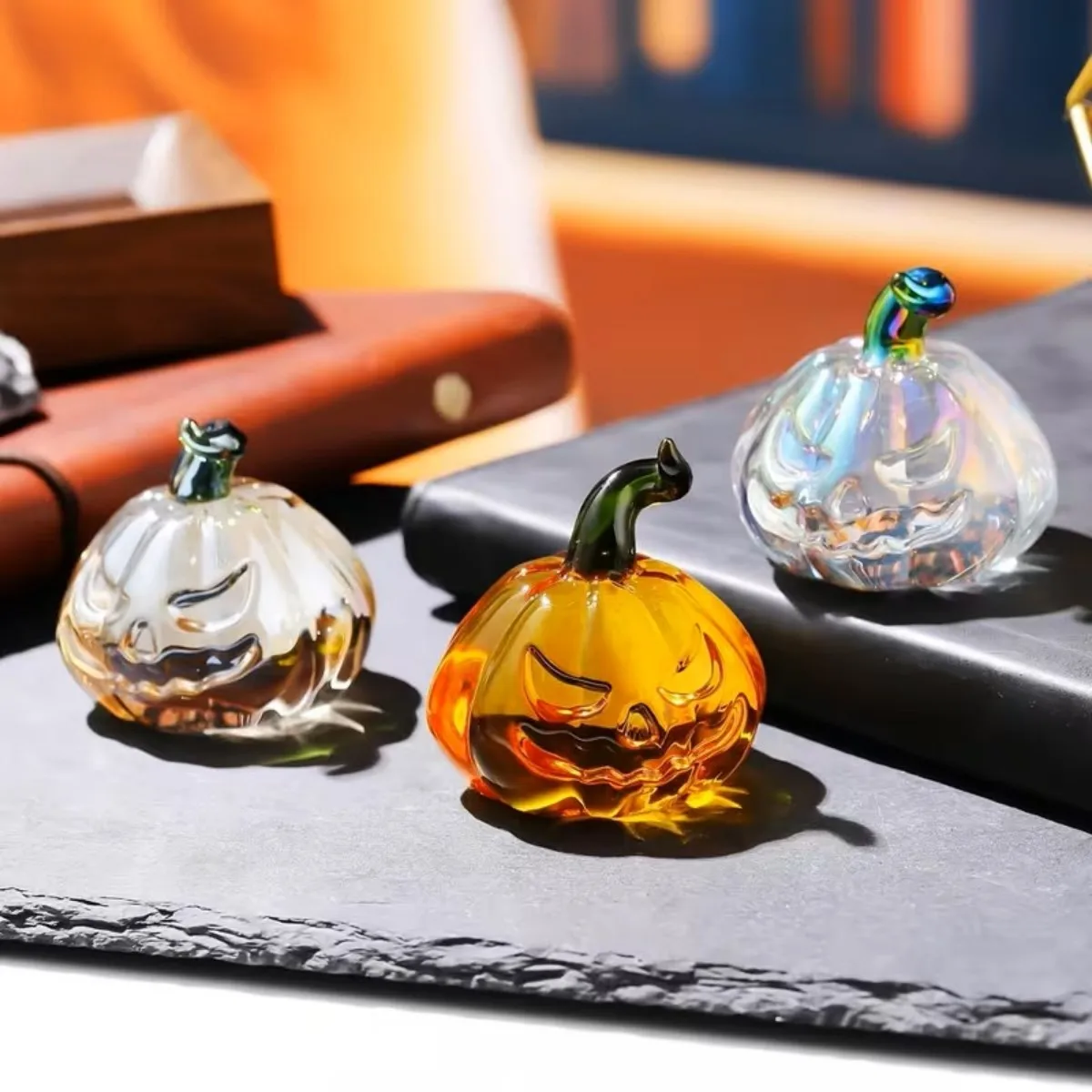 Mini Glass Pumpkin Figurine Set - Orange/Rainbow/Champagne, Halloween Thanksgiving Fall Decor, Table Centerpiece Gift