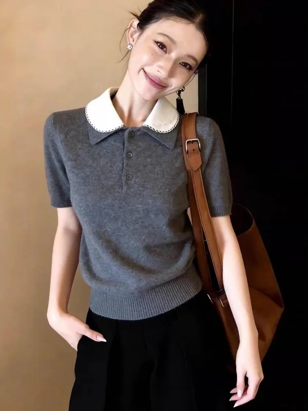 Gray Doll Collar Short Sleeve Knitted T-Shirt Women's Summer New High Intelligence Sensation Unique Top Korean Style Loose Fit